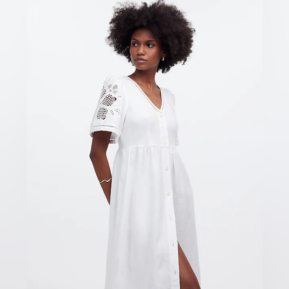 Madewell Cassie Button-Front Midi Dress in Linen Eyelet White Size S NWT